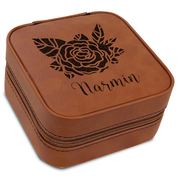 Custom Watercolor Peonies Travel Jewelry Box - Rawhide Leather (Personalized)