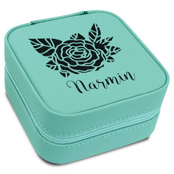 Watercolor Peonies Travel Jewelry Box - Teal Leather (Personalized)