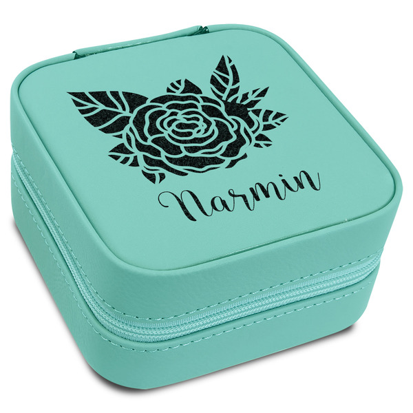 Custom Watercolor Peonies Travel Jewelry Box - Teal Leather (Personalized)