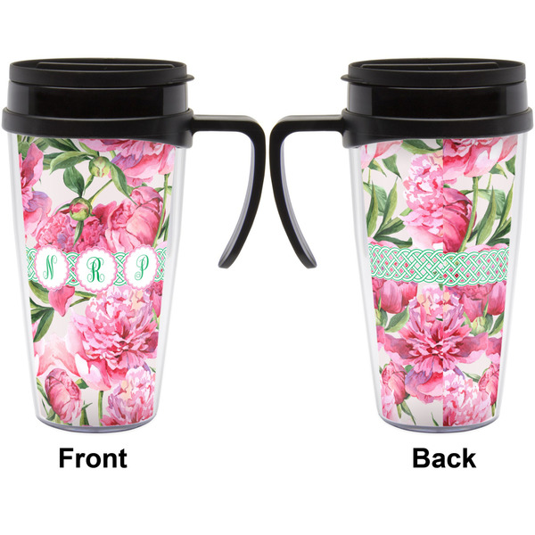 Watercolor Peonies Travel Mug with Black Handle - Approval