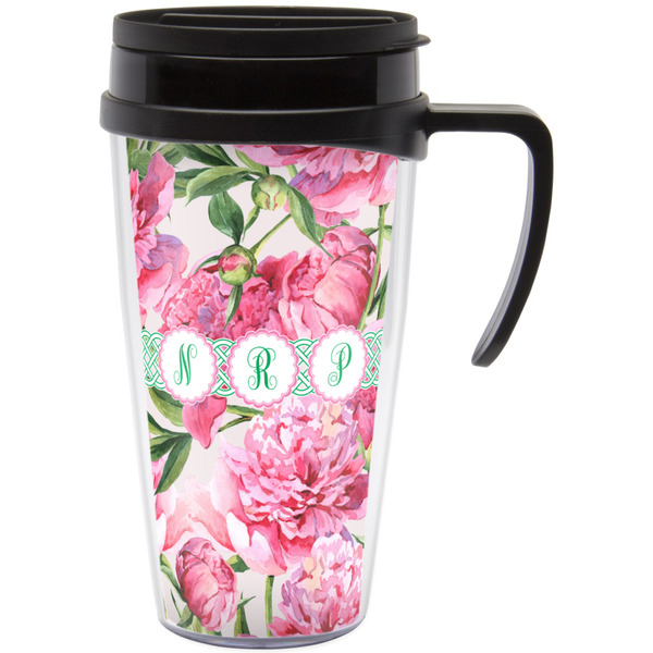 Custom Watercolor Peonies Acrylic Travel Mug with Handle (Personalized)