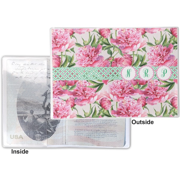Watercolor Peonies Vinyl Passport Holder - Flat Front and Back