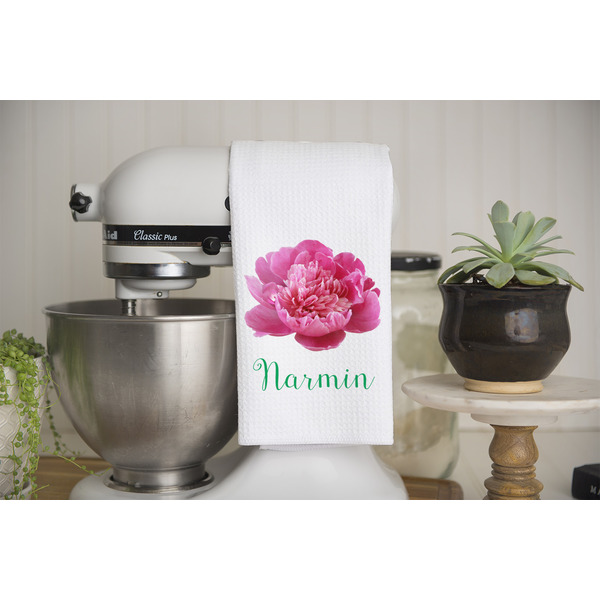 Watercolor Peonies Waffle Weave Towel - Lifestyle - Partial Print