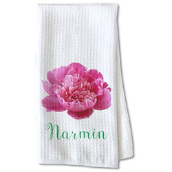 Watercolor Peonies Kitchen Towel - Waffle Weave - Partial Print (Personalized)