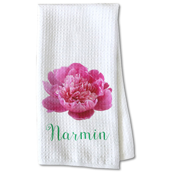 Custom Watercolor Peonies Kitchen Towel - Waffle Weave - Partial Print (Personalized)