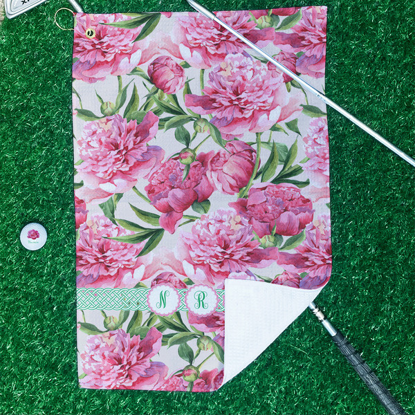 Watercolor Peonies Waffle Weave Golf Towel - In Context