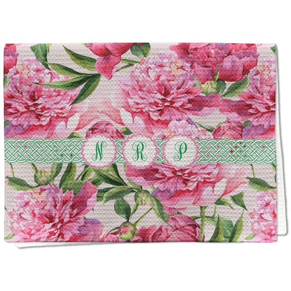 Custom Watercolor Peonies Kitchen Towel - Waffle Weave - Full Color Print (Personalized)