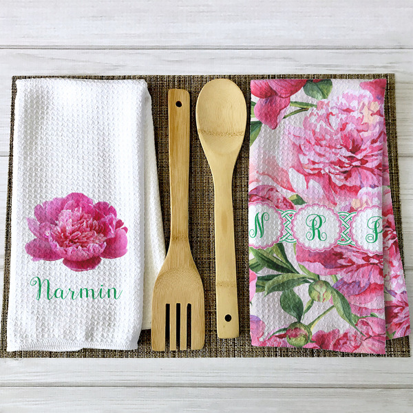 Watercolor Peonies Waffle Weave Towels - 2 Print Styles