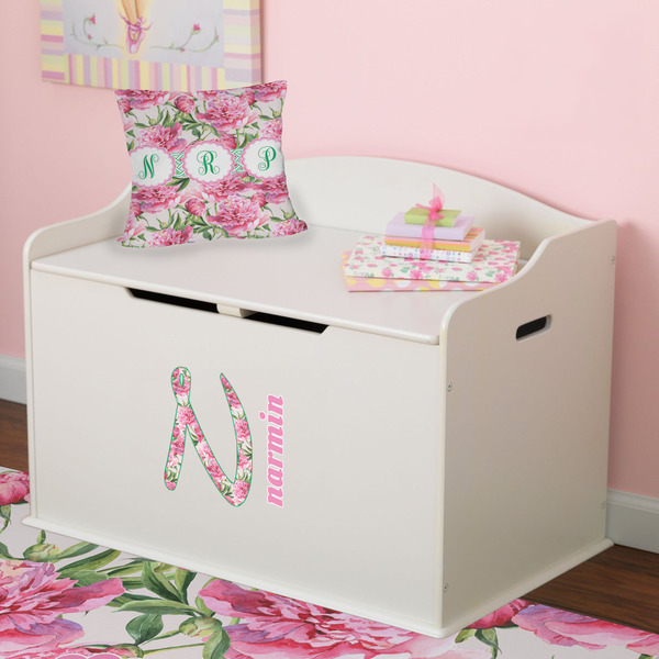 Watercolor Peonies Wall Name & Initial Small on Toy Chest