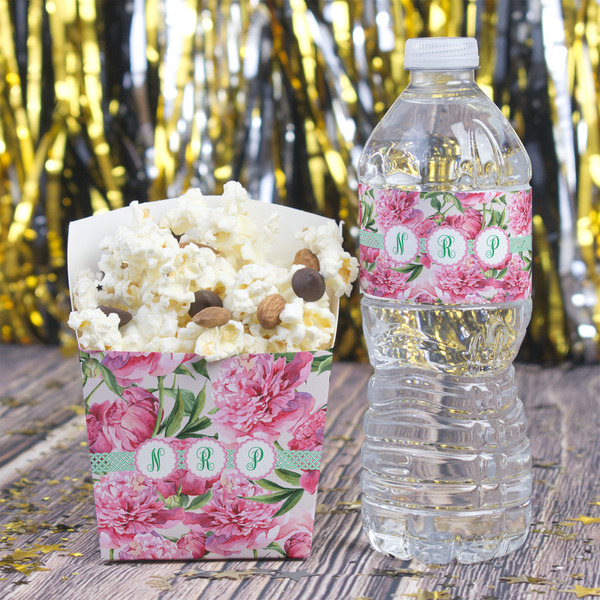 Watercolor Peonies Water Bottle Label - w/ Favor Box
