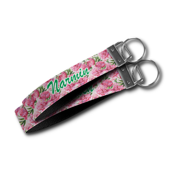 Watercolor Peonies Webbing Keychain FOBs - Size Comparison