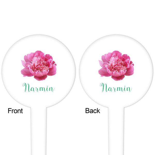 Watercolor Peonies White Plastic 4" Food Pick - Round - Double Sided - Front & Back