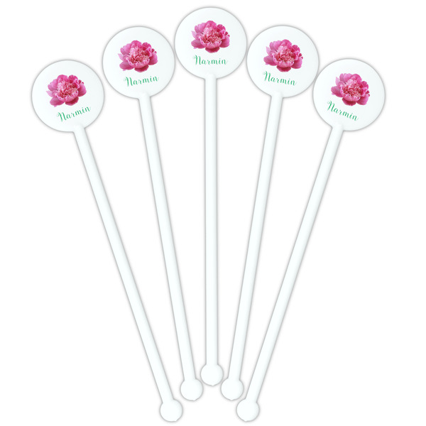 Watercolor Peonies White Plastic 5.5" Stir Stick - Fan View