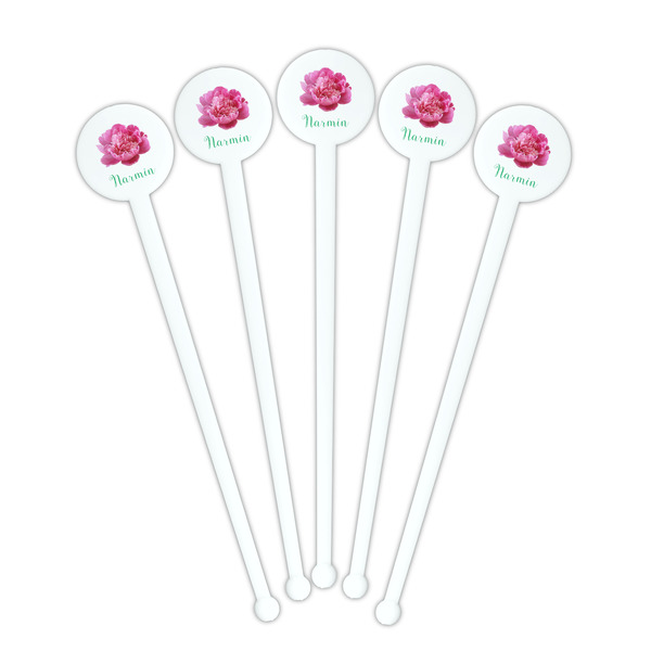 Watercolor Peonies White Plastic 7" Stir Stick - Round - Fan View