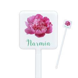 Watercolor Peonies Square Plastic Stir Sticks - Double Sided (Personalized)