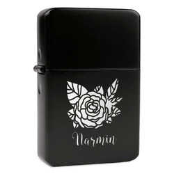 Watercolor Peonies Windproof Lighter - Black - Double Sided & Lid Engraved (Personalized)