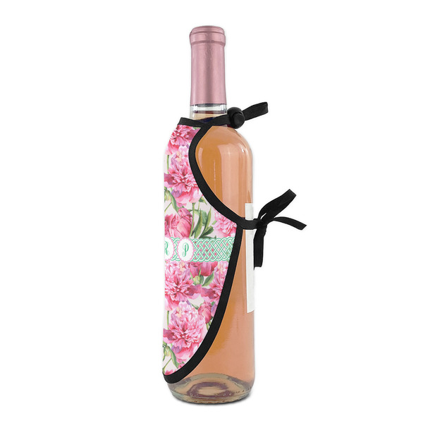 Watercolor Peonies Wine Bottle Apron - DETAIL WITH CLIP ON NECK