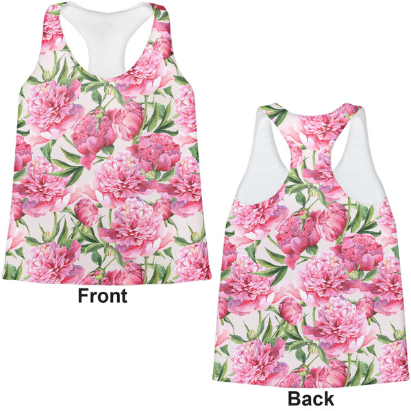Watercolor Peonies Womens Racerback Tank Tops - Medium - Front and Back