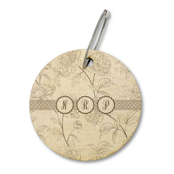 Custom Watercolor Peonies Wood Luggage Tag - Round (Personalized)