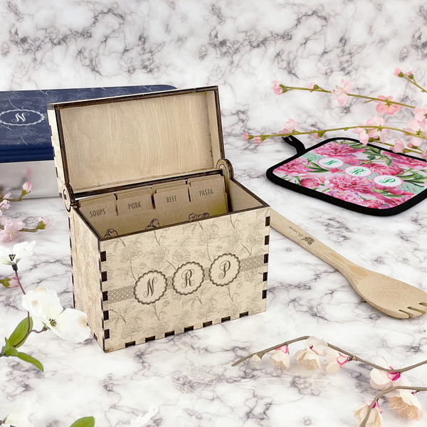 Watercolor Peonies Wood Recipe Boxes - Lifestyle