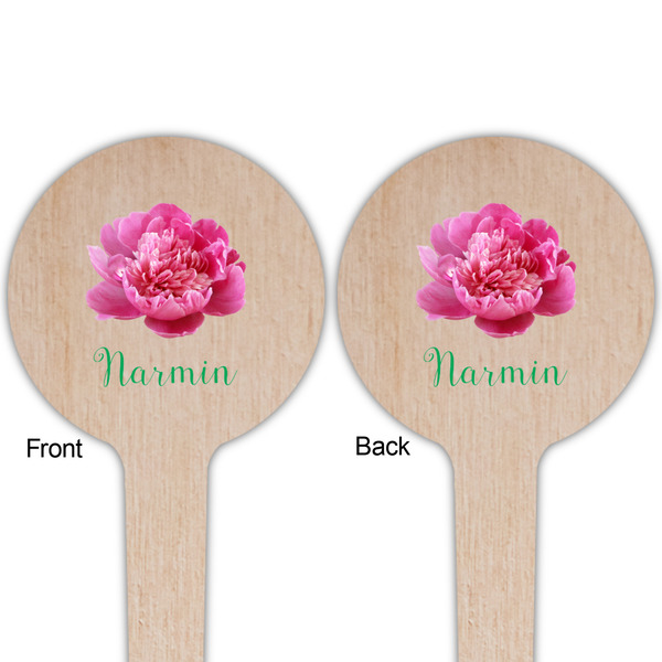 Watercolor Peonies Wooden 4" Food Pick - Round - Double Sided - Front & Back