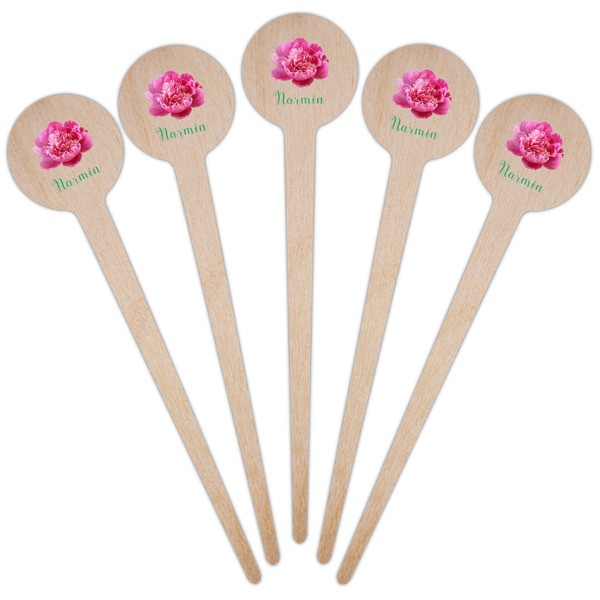 Watercolor Peonies Wooden 4" Food Pick - Round - Fan View