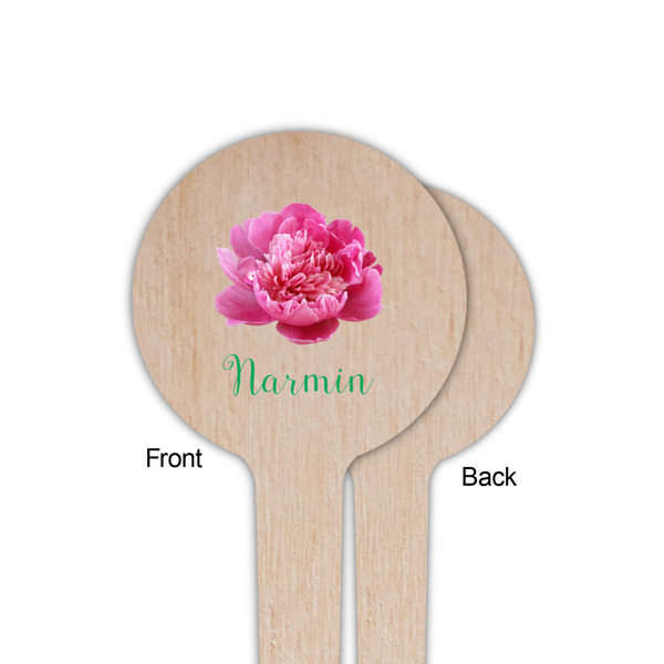 Watercolor Peonies Wooden 4" Food Pick - Round - Single Sided - Front & Back