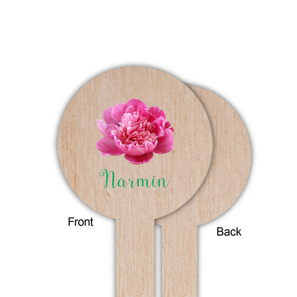 Watercolor Peonies Wooden 6" Food Pick - Round - Single Sided - Front & Back