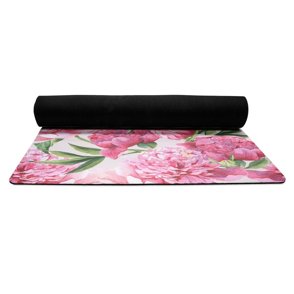 Watercolor Peonies Yoga Mat Rolled up Black Rubber Backing