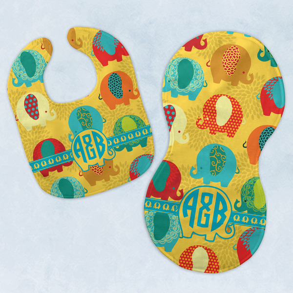 Custom Cute Elephants Baby Bib & Burp Set w/ Couple's Names