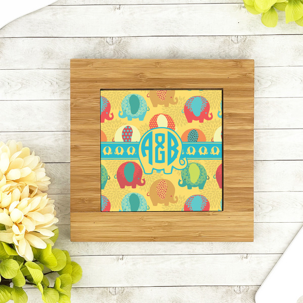 Cute Elephants Bamboo Trivet with 6" Tile - LIFESTYLE