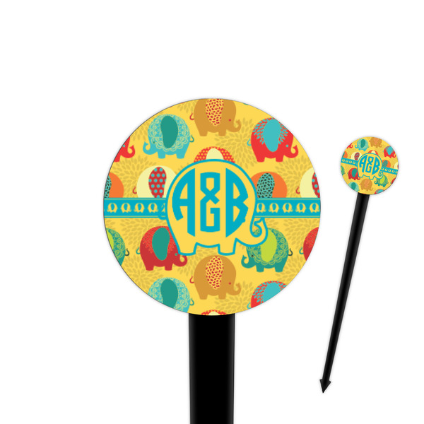 Custom Cute Elephants 4" Round Plastic Food Picks - Black - Single Sided (Personalized)