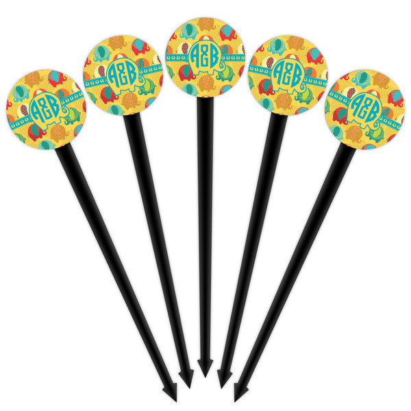 Cute Elephants Black Plastic 4" Food Pick - Round - Fan View