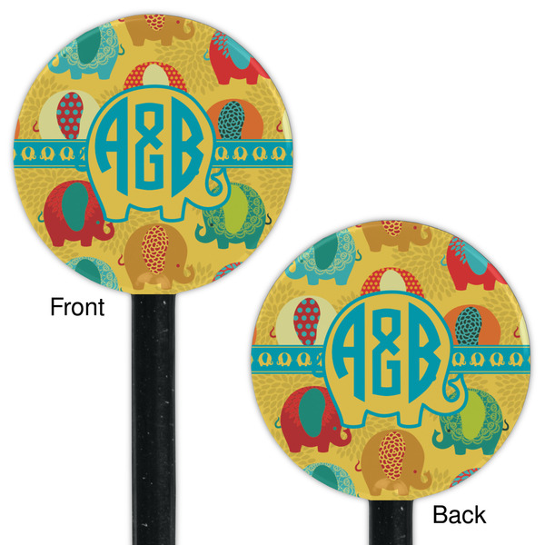 Cute Elephants Black Plastic 5.5" Stir Stick - Double Sided - Round - Front & Back