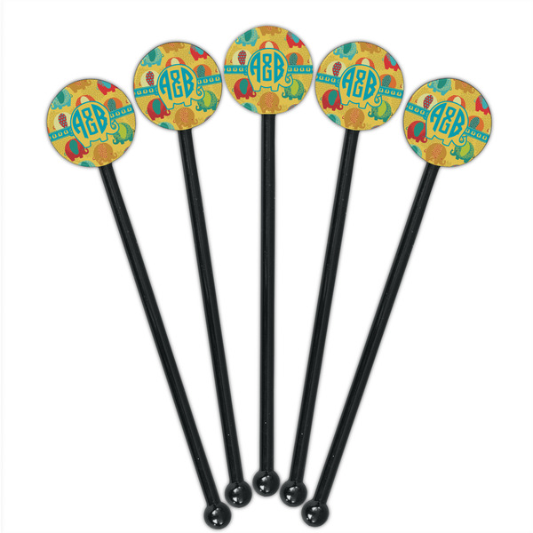 Cute Elephants Black Plastic 5.5" Stir Stick - Round - Fan View