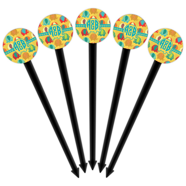 Cute Elephants Black Plastic 6" Food Pick - Round - Fan View