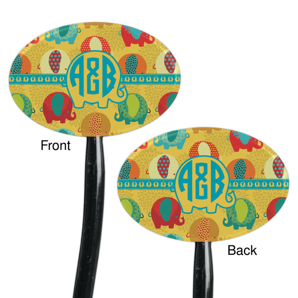 Cute Elephants Black Plastic 7" Stir Stick - Double Sided - Oval - Front & Back