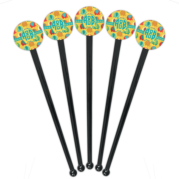 Cute Elephants Black Plastic 7" Stir Stick - Round - Fan View