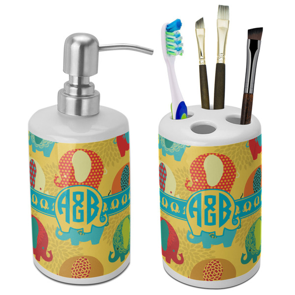 Custom Cute Elephants Ceramic Bathroom Accessories Set (Personalized)