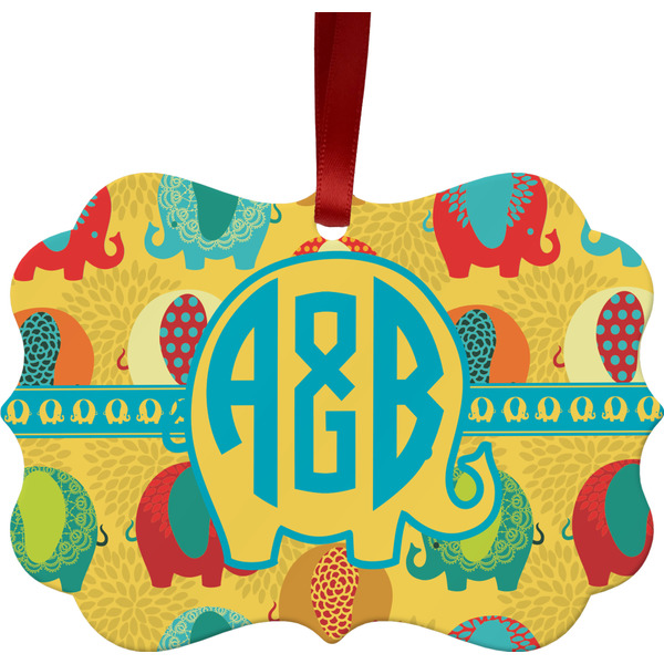 Custom Cute Elephants Metal Frame Ornament - Double Sided w/ Couple's Names