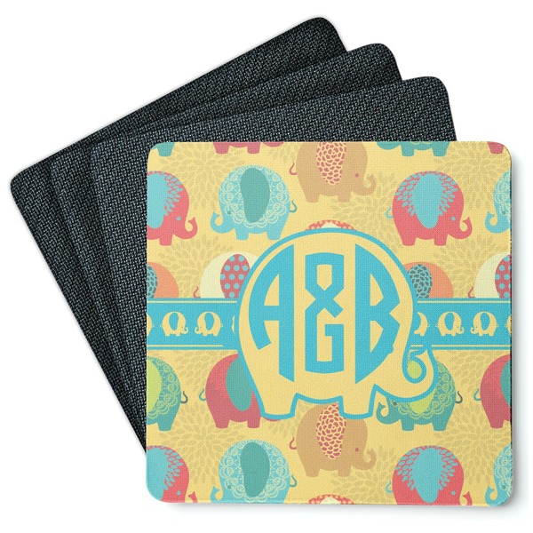 Custom Cute Elephants Square Rubber Backed Coasters - Set of 4 (Personalized)