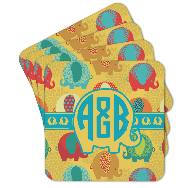 Custom Cute Elephants Cork Coaster - Set of 4 w/ Couple's Names