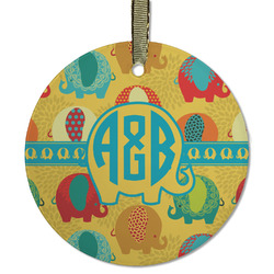 Cute Elephants Flat Glass Ornament - Round w/ Couple's Names