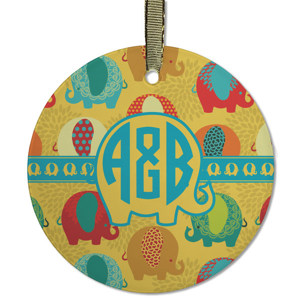 Custom Cute Elephants Flat Glass Ornament - Round w/ Couple's Names