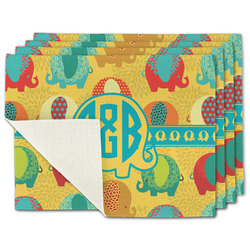 Cute Elephants Single-Sided Linen Placemat - Set of 4 w/ Couple's Names