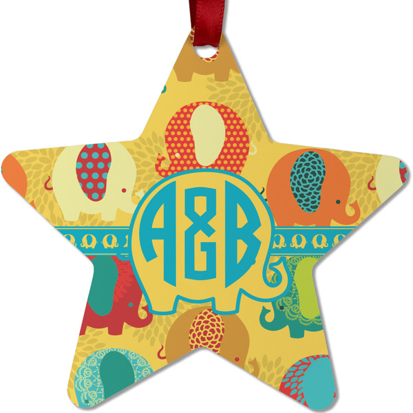Custom Cute Elephants Metal Star Ornament - Double Sided w/ Couple's Names