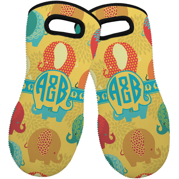 Custom Cute Elephants Neoprene Oven Mitts - Set of 2 w/ Couple's Names