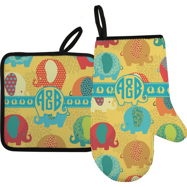 Custom Cute Elephants Right Oven Mitt & Pot Holder Set w/ Couple's Names