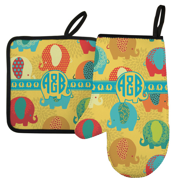 Custom Cute Elephants Left Oven Mitt & Pot Holder Set w/ Couple's Names