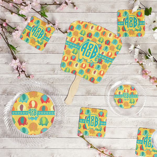 Cute Elephants Party Supplies Combination Image - All items - Plates, Coasters, Fans